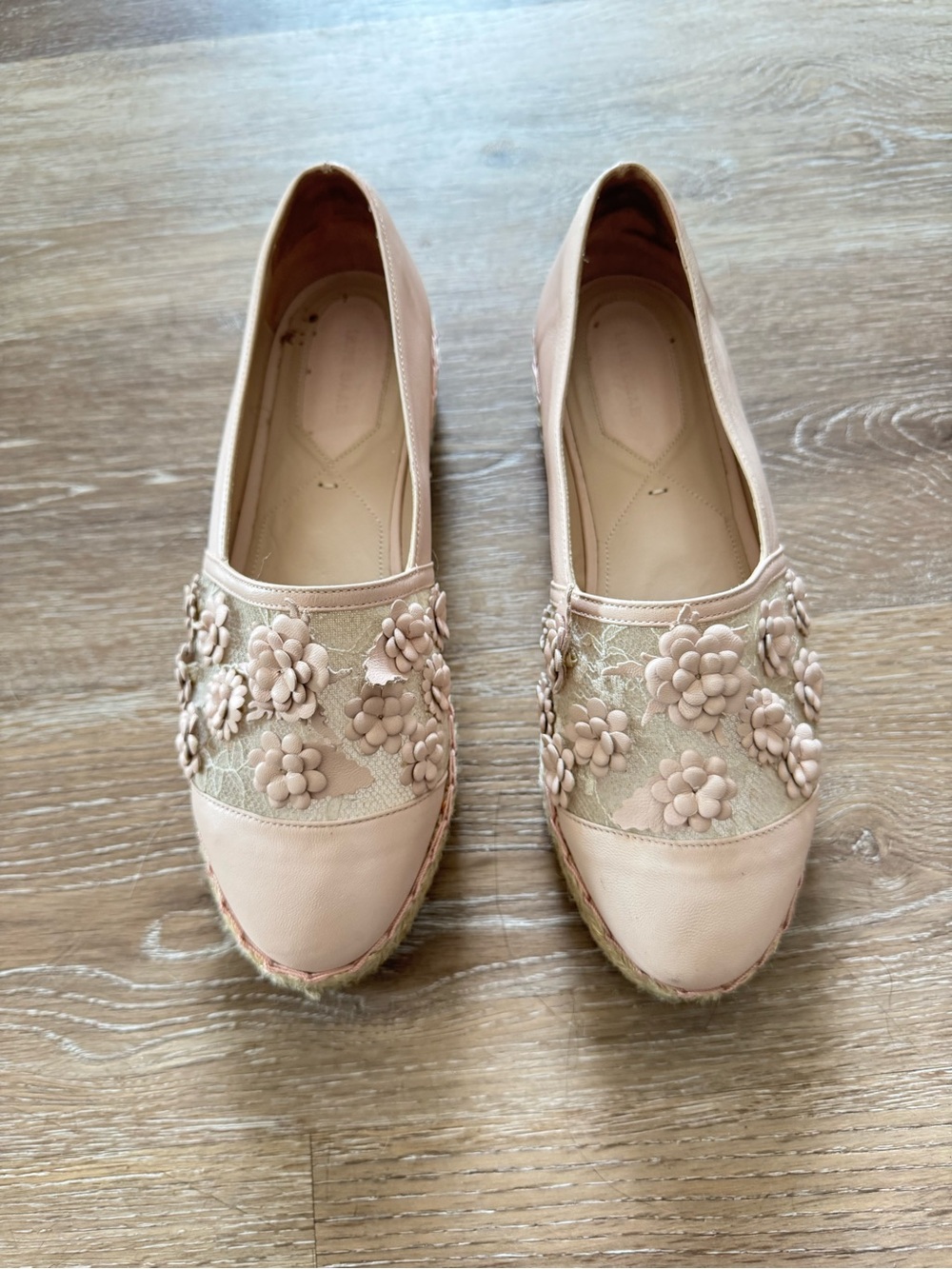 Elie Saab Pink Leather Lace Floral Appliqué Espadrille Flats EU 37 Made Italy